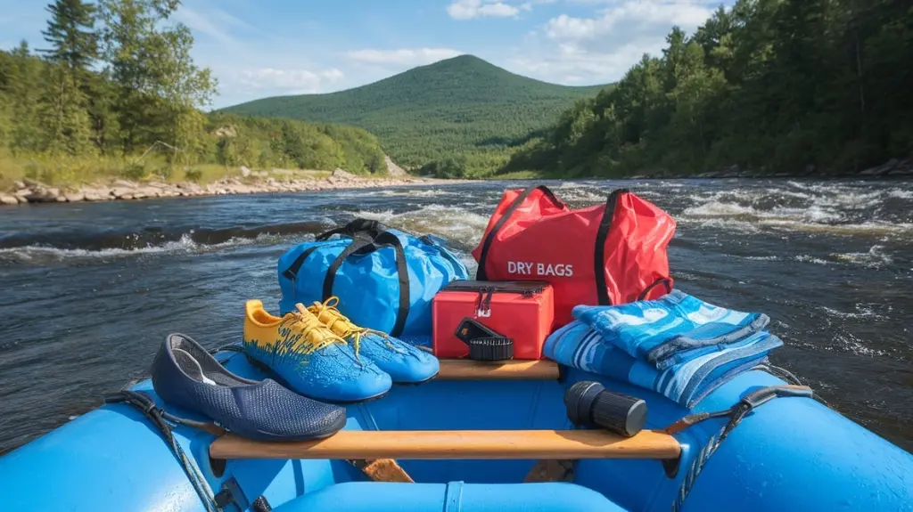 Packing list graphic for a whitewater rafting adventure in the Poconos, featuring water shoes, dry bags, sunscreen, and more.