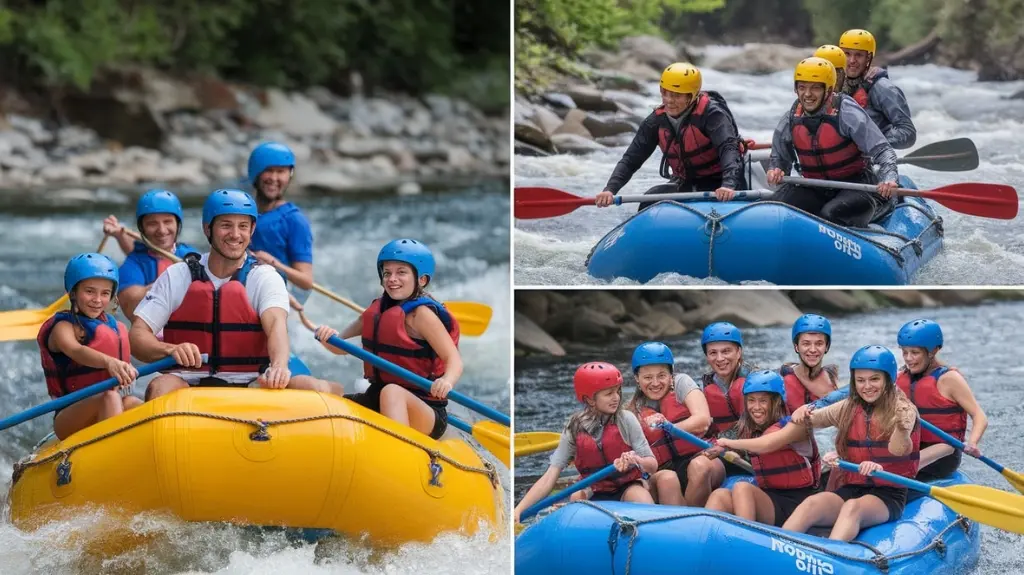 Diverse groups enjoying white water rafting, emphasizing tailored safety measures for families and youth.