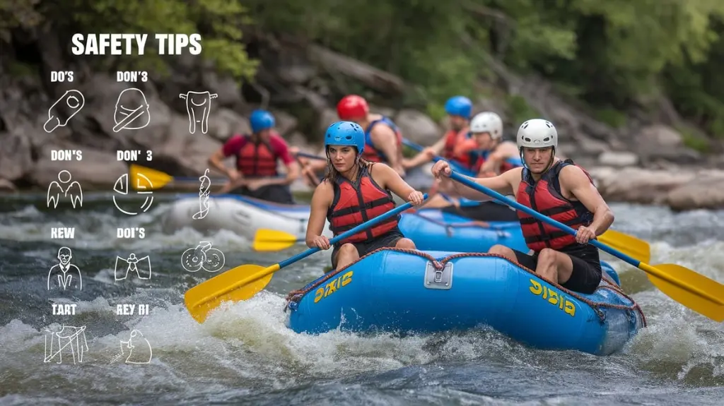 Visual checklist of safety tips and best practices for rafting, featuring do's and don'ts in a river setting.