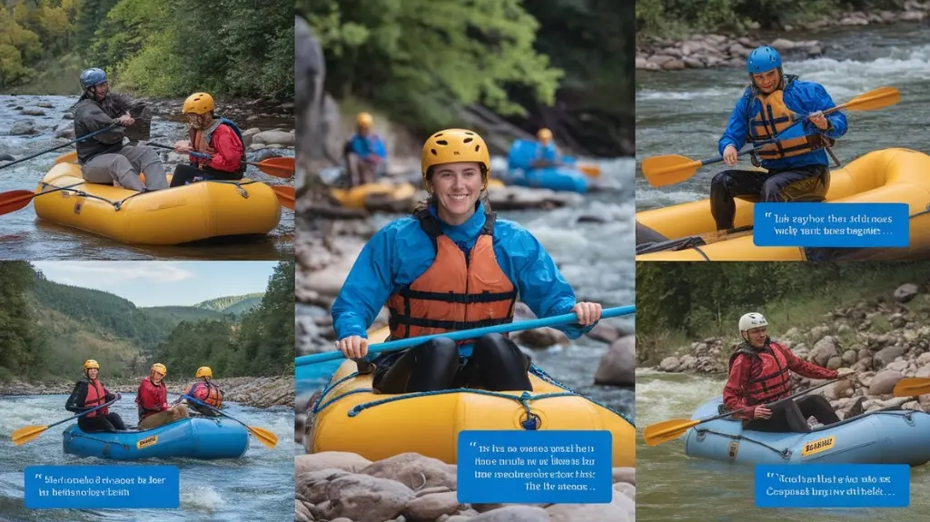 Collage of rafters in various clothing during real rafting adventures, highlighting personal anecdotes and expert insights.