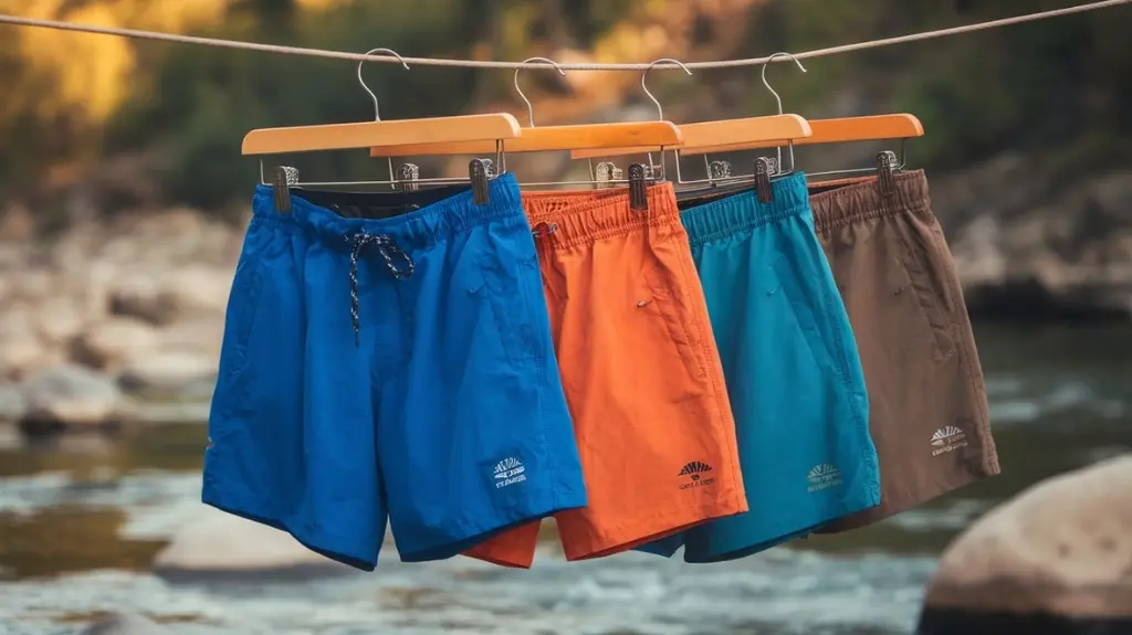 Display of top rafting shorts for 2025, showcasing different brands and features with a river in the background.