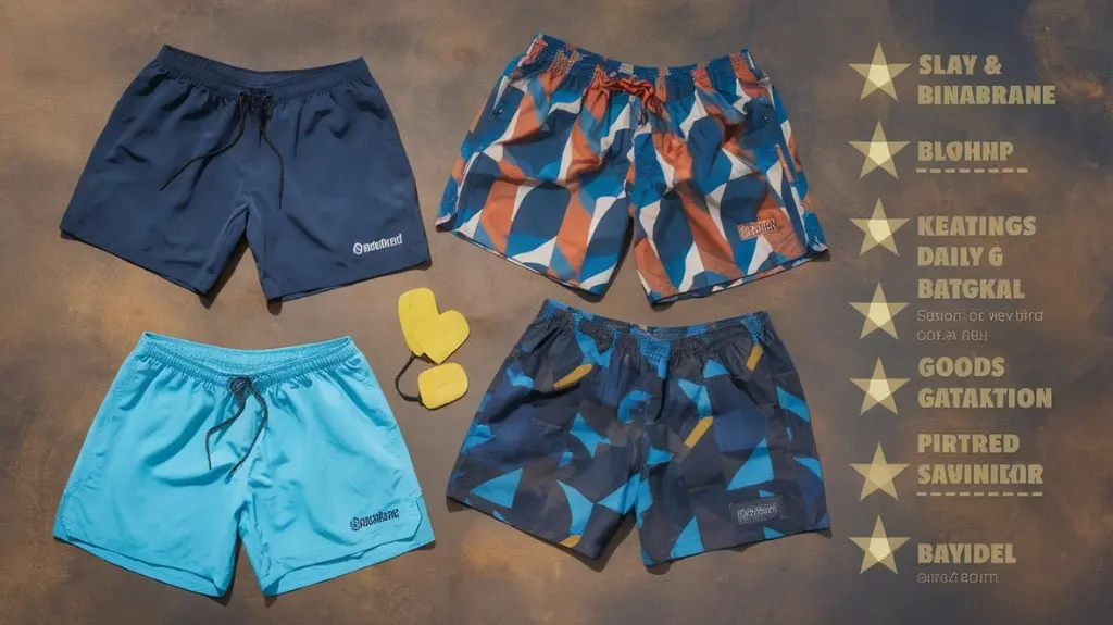 Flat lay of top-rated kayaking shorts for 2025, showcasing brand labels and key features for potential buyers.