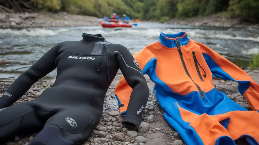 Comparison of a wetsuit and a drysuit, detailing their differences for rafting suitability.