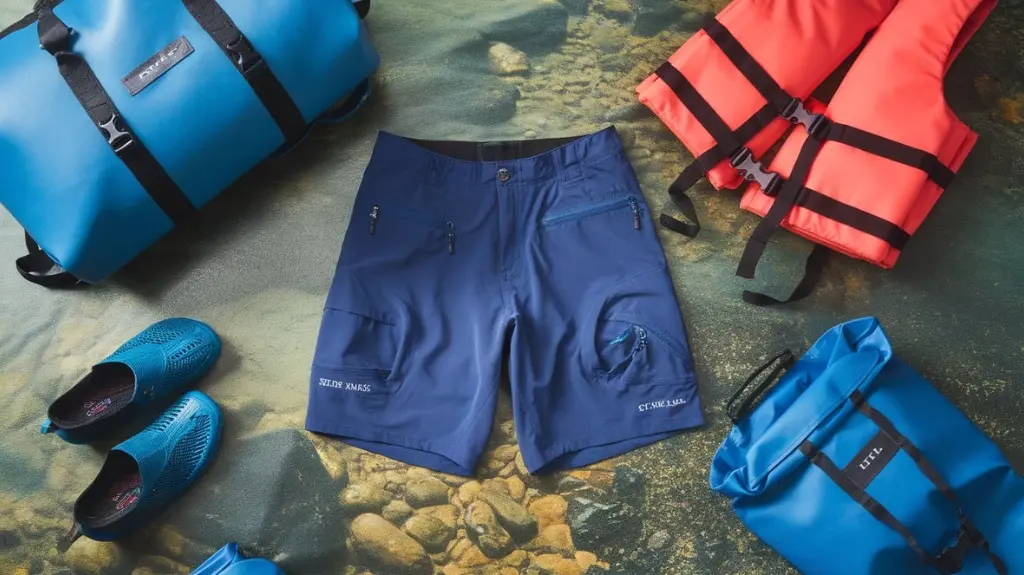 Flat-lay of rafting gear, including shorts, water shoes, life jackets, and waterproof bags, arranged on a riverbed-themed background.