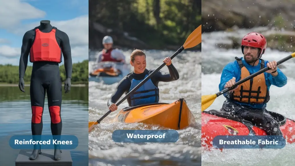 Collage of top-rated drysuits for kayaking and rafting, highlighting reinforced knees and waterproof features.