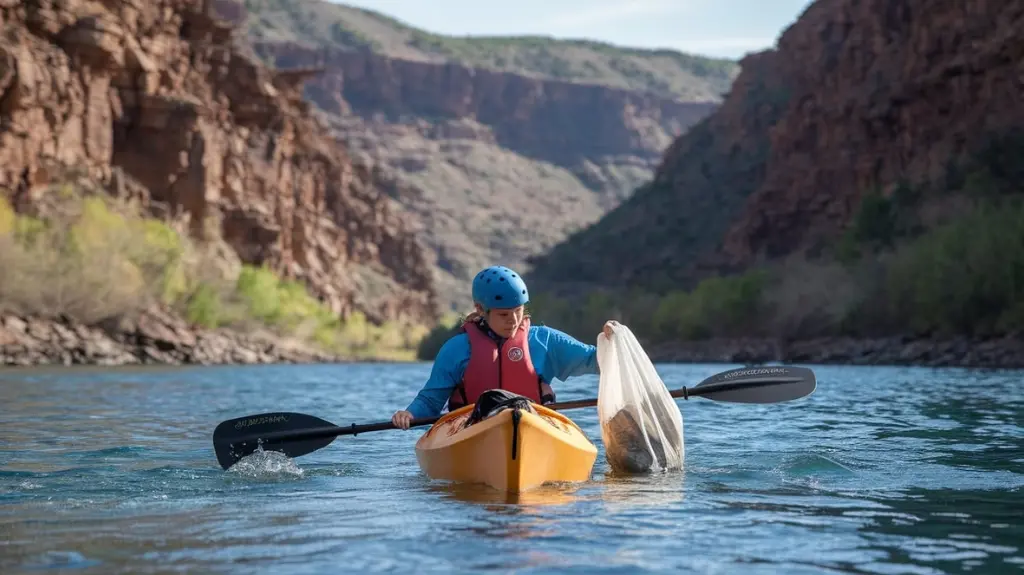 Kayaker cleaning up trash from the water, promoting environmental conservation in the New River Gorge.