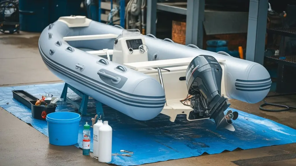 Inflatable boat being cleaned and motor undergoing maintenance in a workshop.