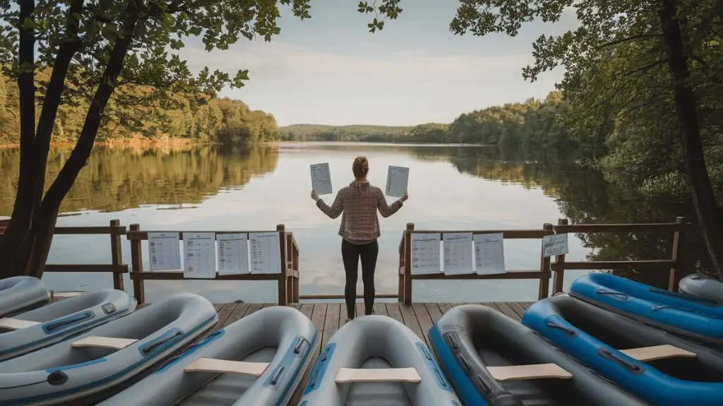 Person contemplating their inflatable boat purchase decision, surrounded by options and checklists in a tranquil lakeside setting.