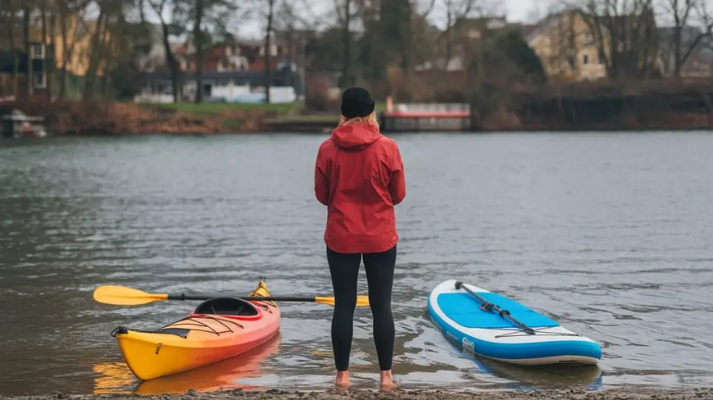 Person standing on the shore, contemplating the choice between a kayak and a paddle board, symbolizing the decision-making process.