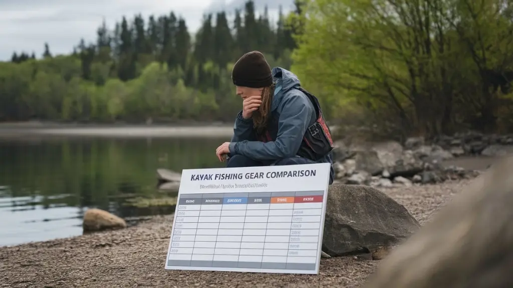 Scene of a person comparing kayak paddle fishing gear options, featuring decision-making elements in a lakeside setting.