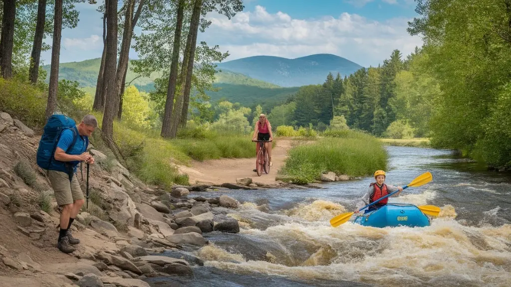 Family enjoying multiple activities in the Pocono Mountains, including hiking, biking, and whitewater rafting.