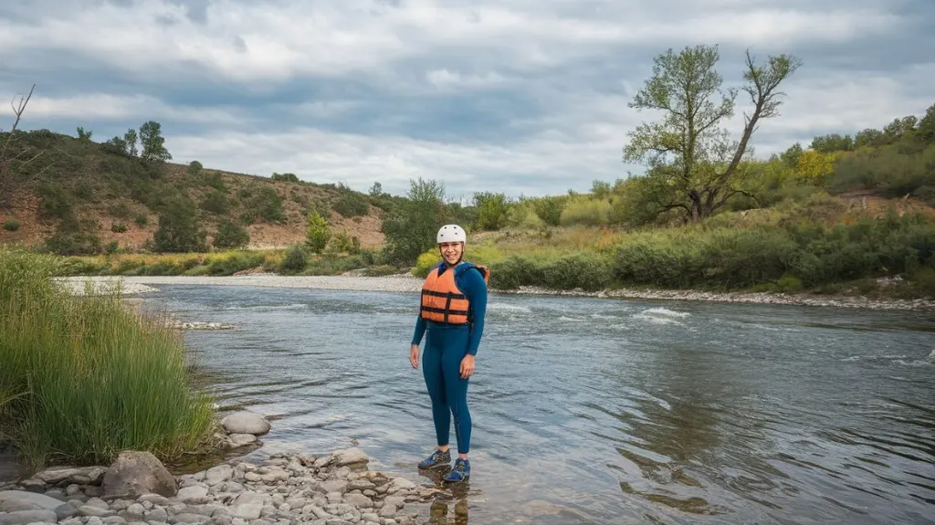 Woman wearing white water rafting shoes and safety gear by a river.