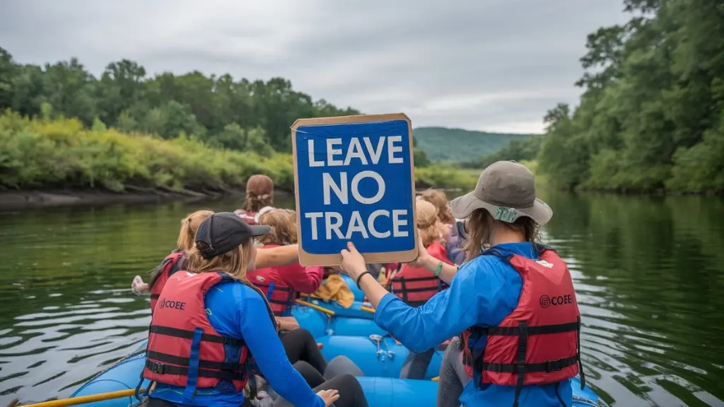 Rafters practicing eco-friendly actions on the Ocoee River, illustrating sustainable tourism and conservation of the river’s natural environment.