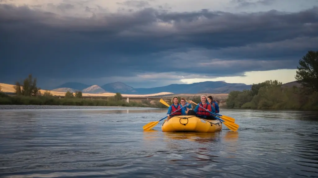 Image depicting varying weather conditions affecting rafting, emphasizing nature's unpredictability.