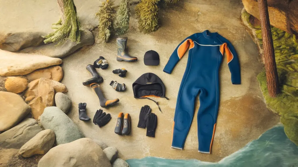 Flat lay of essential accessories for rafting, including booties and gloves, arranged with a wetsuit