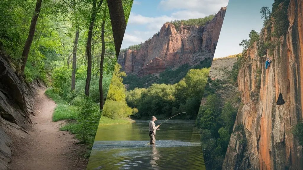 Collage of additional activities in the New River Gorge, including hiking, fishing, and rock climbing alongside flat water kayaking.