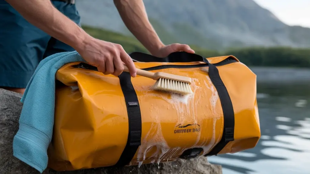 Person maintaining a dry bag with cleaning and storage tips for maximizing its lifespan during rafting adventures.