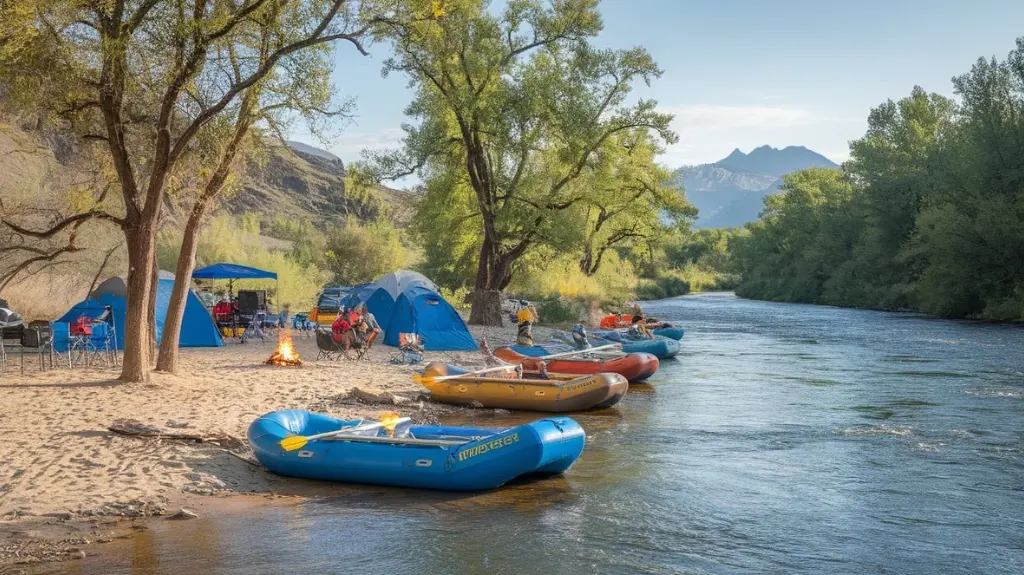 Rafters camping along a riverbank on a multi-day rafting trip in Colorado.