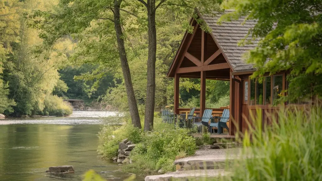 Cozy lodge near a popular rafting site in the Poconos, with a river in the background and rustic wooden structures.