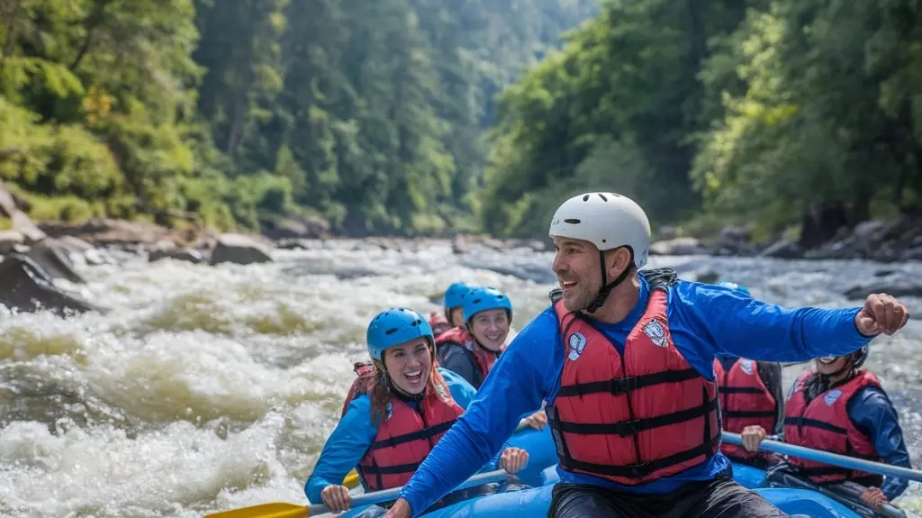 Professional rafting guide leading a group through rapids, showcasing the essential role of guides in ensuring safety.