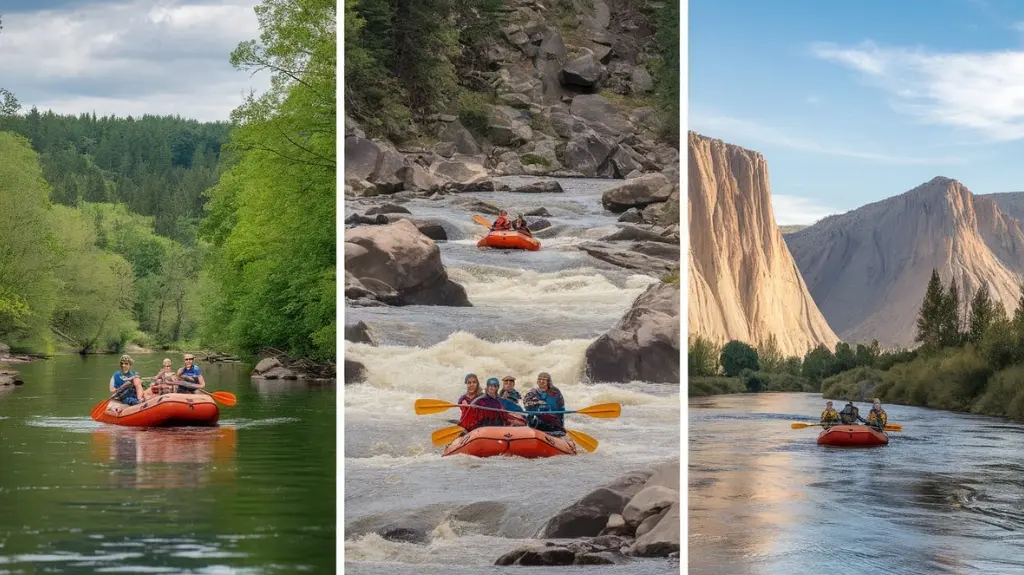 Collage of different types of rafting trips, including family-friendly and adventurous options.