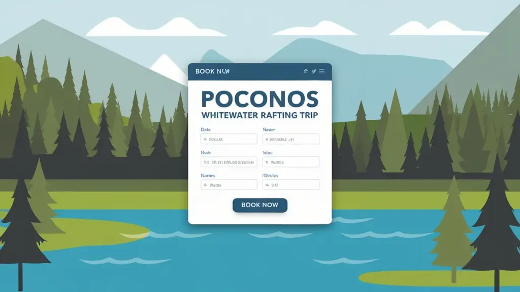 Screenshot of the booking process for a whitewater rafting trip in the Poconos, showing available dates, pricing, and a "Book Now" button.