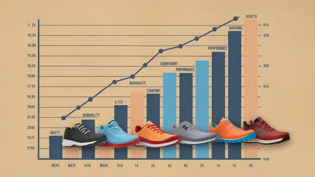 Bar graph comparing the cost and benefits of different women's white water rafting shoes.