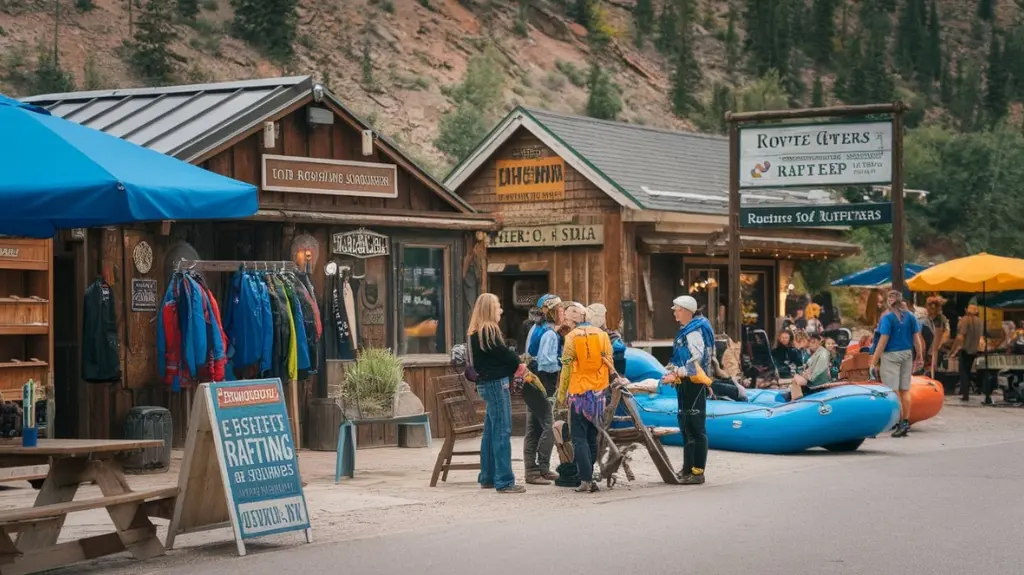 Small Colorado town with rafting shops and outfitters, offering resources and a community atmosphere for rafters.