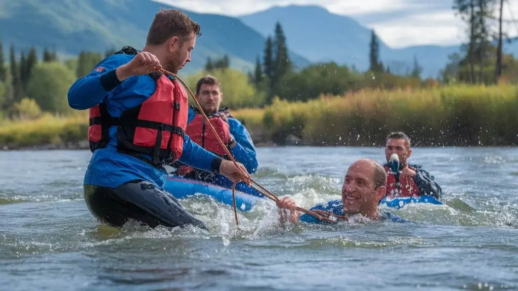 Illustration of emergency preparedness and rescue procedures in rafting, highlighting essential gear and techniques.