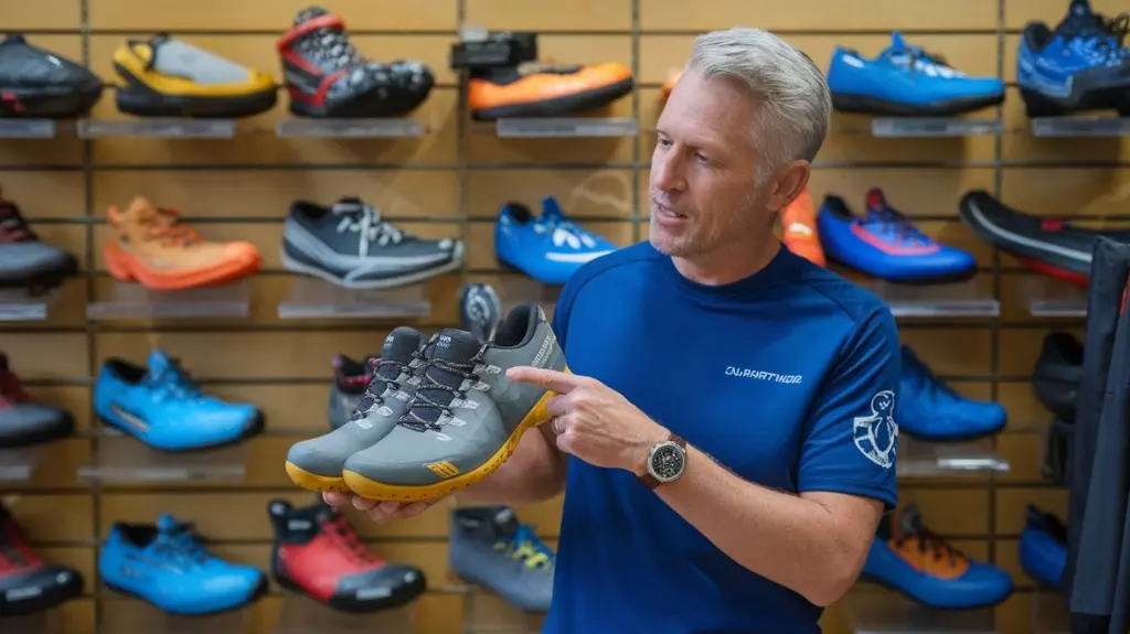 Expert giving tips on choosing women's white water rafting shoes, highlighting key features.