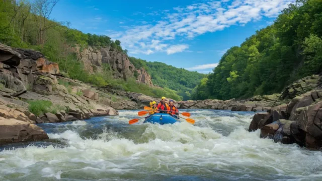 A rafting group navigating rapids on the New River in West Virginia surrounded by lush forests.