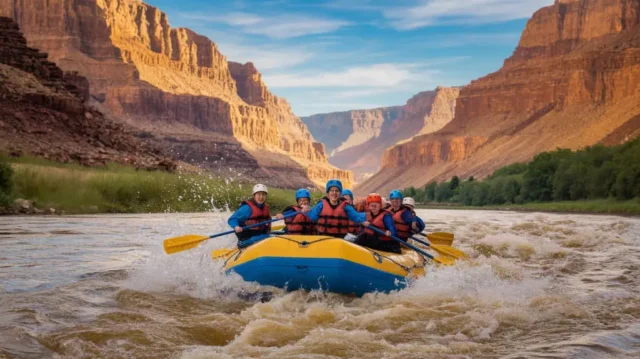 A rafting group navigating the Colorado River in the Grand Canyon with towering canyon walls in the background.