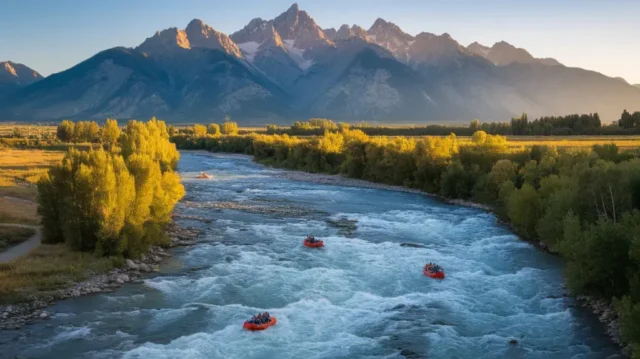 Scenic white water rafting adventure on Snake River in Jackson Hole, Wyoming with Grand Teton mountains backdrop