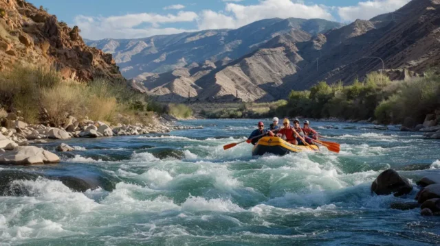 Kern River rafting adventure with a group of rafters navigating rapids surrounded by scenic mountains.