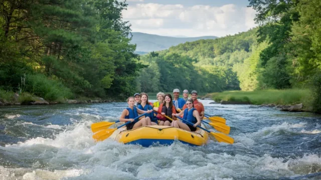 Group rafting through mild rapids surrounded by lush forests and Appalachian Mountain scenery in Asheville, NC.