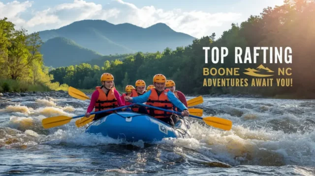 Group of adventurers navigating rapids in Boone, NC, with the text "Top Rafting Boone NC Adventures Await You!