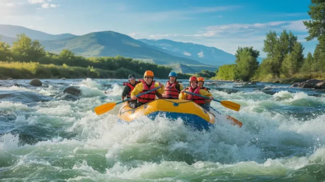 Group of rafters navigating the rapids of the Arkansas River in Colorado Springs, showcasing the scenic landscape and dynamic motion.