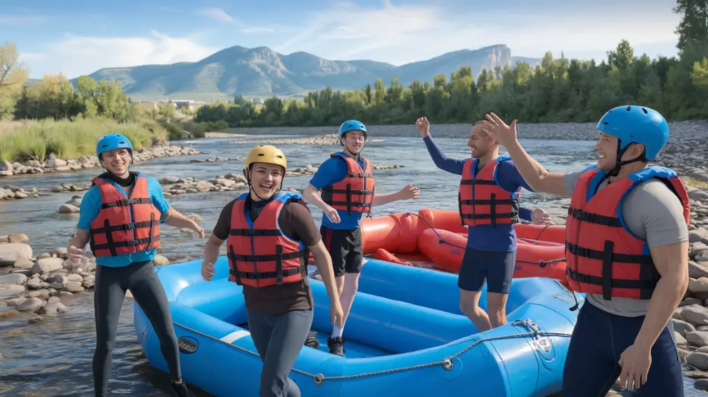 Group of beginners preparing for a rafting adventure on the South Platte River in Denver, with scenic landscape and colorful gear.