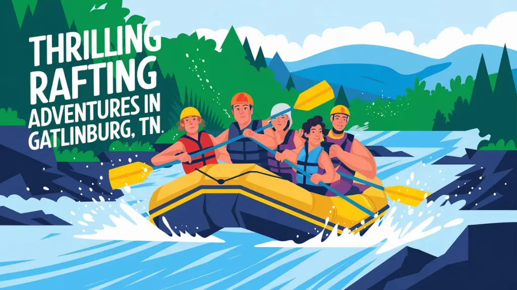 Thrilling rafting adventures in Gatlinburg, TN with a group navigating rapids in a scenic river.