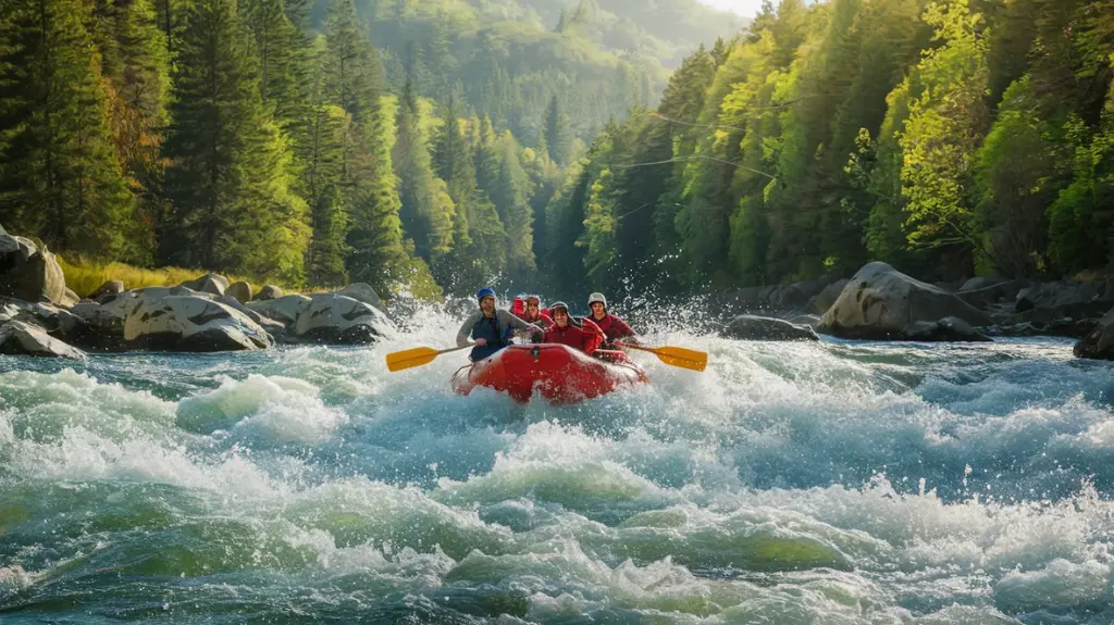 Adventurers rafting through whitewater rapids in Georgia, surrounded by lush green forests, showcasing the best rafting spots.