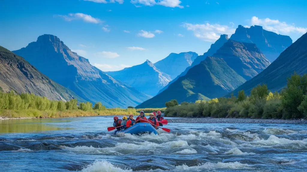 Rafters navigating rapids in Glacier National Park, showcasing adventure and stunning mountain landscapes.