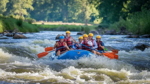 Group of thrill-seekers navigating through the rapids of the Chattahoochee River in Helen, GA, with lush greenery and scenic landscape.