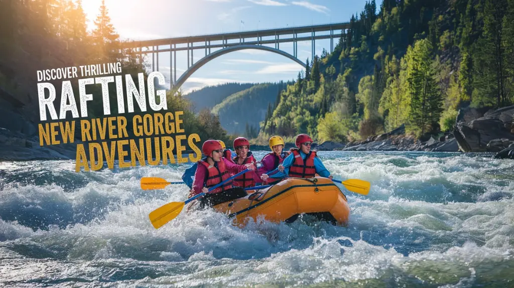 Group of adventurers navigating rapids in the New River Gorge, with the text "Discover Thrilling Rafting New River Gorge Adventures."