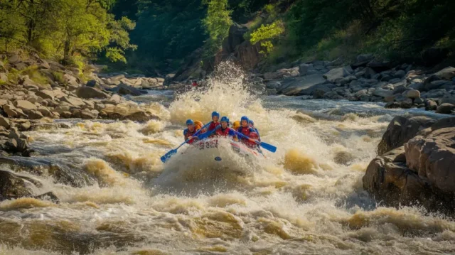 Rafters navigating a thrilling rapid on the Ocoee River in Tennessee surrounded by scenic hills.