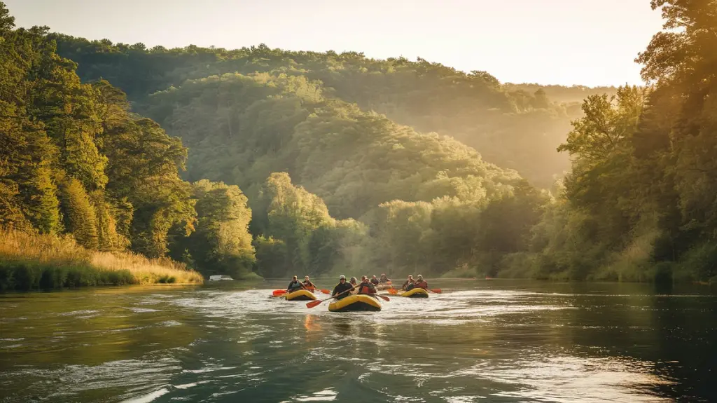 Group of rafters paddling on the Delaware River in the Pocono Mountains, surrounded by scenic forests.