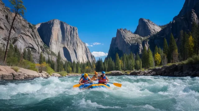 Group rafting through rapids in the Royal Gorge surrounded by towering cliffs.