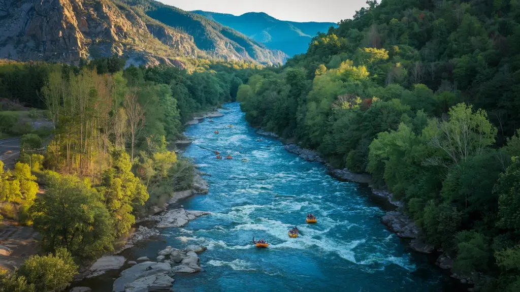 Aerial view of the Nantahala River with rafters, highlighting the adventure and scenic beauty for rafting enthusiasts.