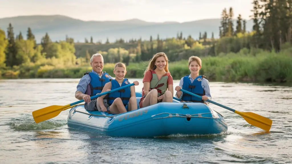 Family enjoying a relaxing rafting trip on the Arkansas River in Colorado Springs, surrounded by beautiful natural scenery.