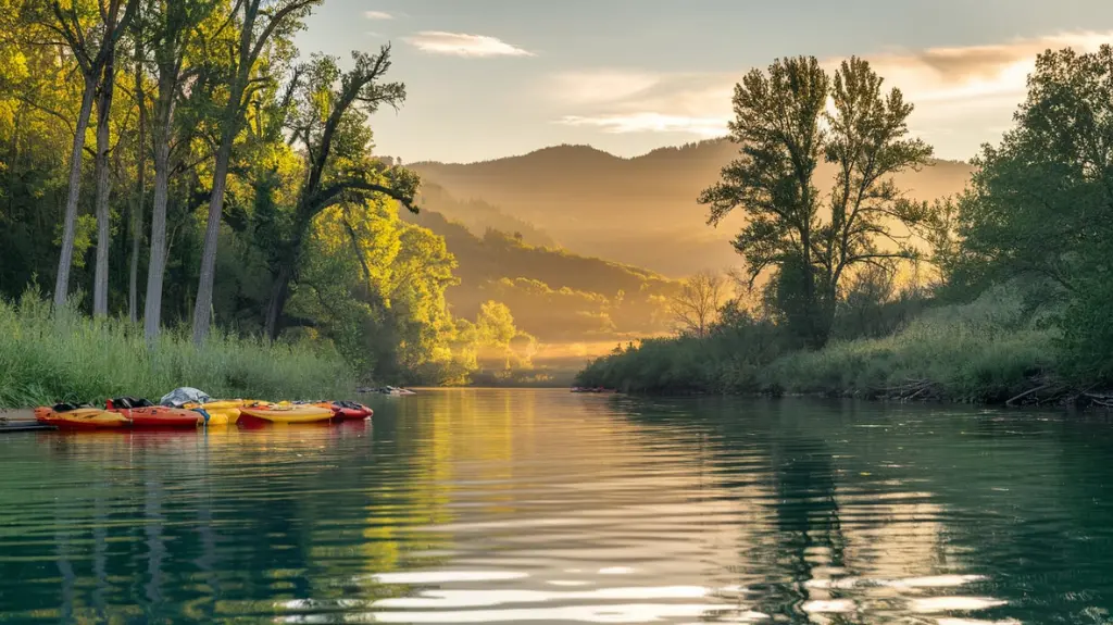 A peaceful sunrise over the American River with rafts and kayaks ready on the riverbank.  