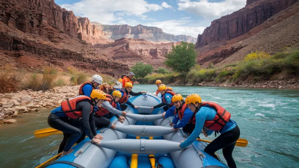 Travelers preparing to embark on a Grand Canyon rafting adventure with guides at the riverbank.  